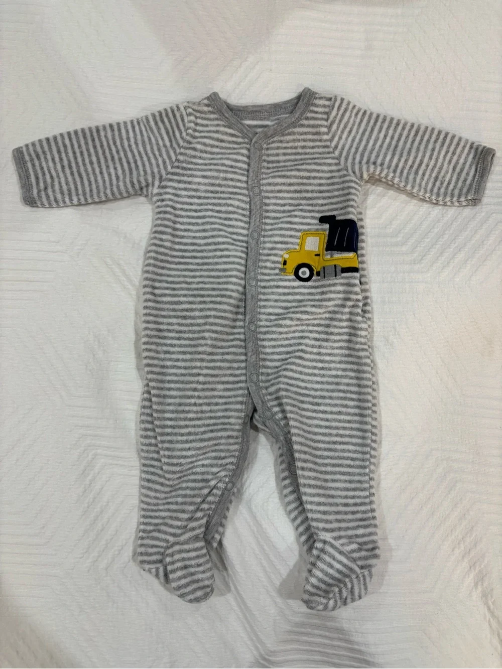 Carter's Gray & White Striped Footed One-Piece with Yellow Truck